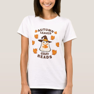 Retro Ghost Autumn Leaves Cozy Reads Halloween T-Shirt