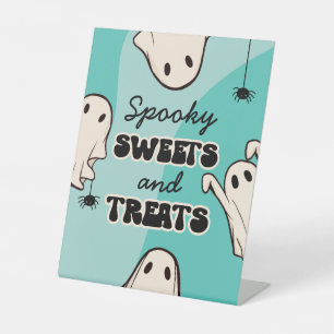 Retro Ghost Blue Halloween Birthday Party Decor Pedestal Sign