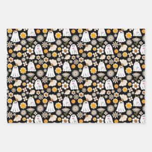 Retro Ghost Flowers Halloween Seamless Pattern Wrapping Paper Sheet
