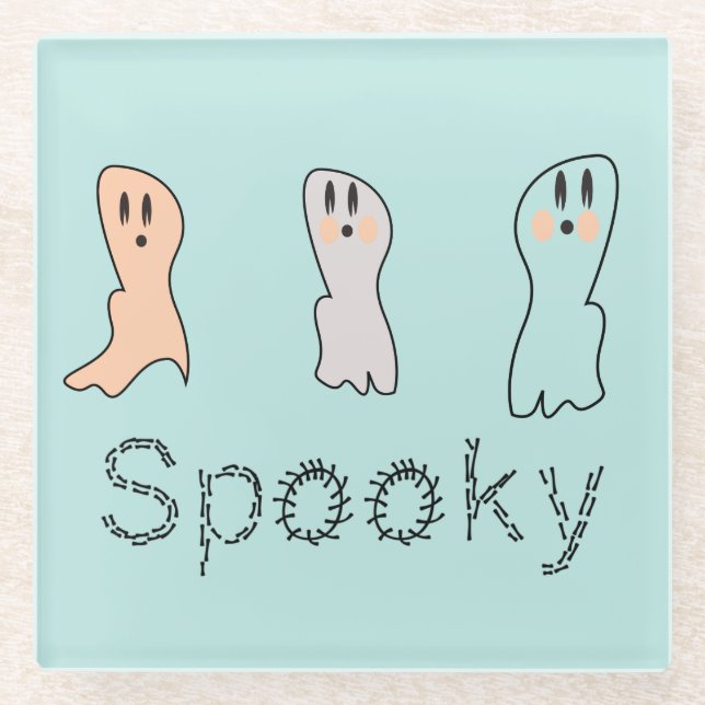 Retro Ghost Hand Lettering Spooky Blue Glass Coaster (Front)