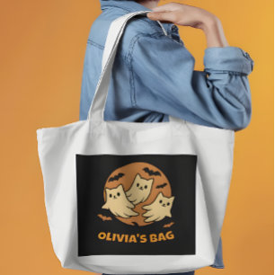 Retro Ghost Kittens Moon Personalized Halloween Tote Bag