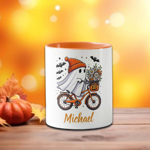 Retro Ghost on Bicycle Halloween Mug