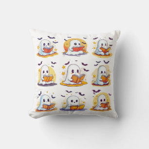 Retro Ghost Reading Books – Cute Spooky Book Throw Pillow