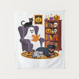 Retro Ghost Reading Books with Black Cat Raccoon Tapestry