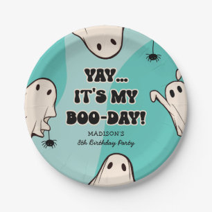 Retro Ghosts Blue Halloween Birthday Party Paper Plate
