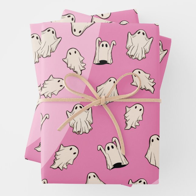 Retro Ghosts Pink Halloween Wrapping Paper Sheet (In situ)