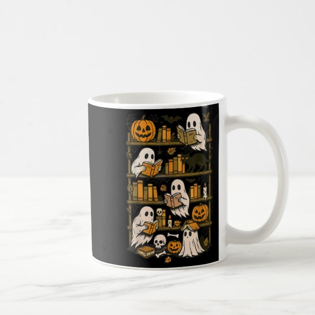 Retro Ghosts Reading Book Halloween Bookshelf Spoo Coffee Mug (Right)