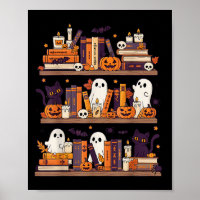 Retro Ghosts Reading Book Halloween Bookshelf Spoo