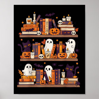 Retro Ghosts Reading Book Halloween Bookshelf Spoo Poster