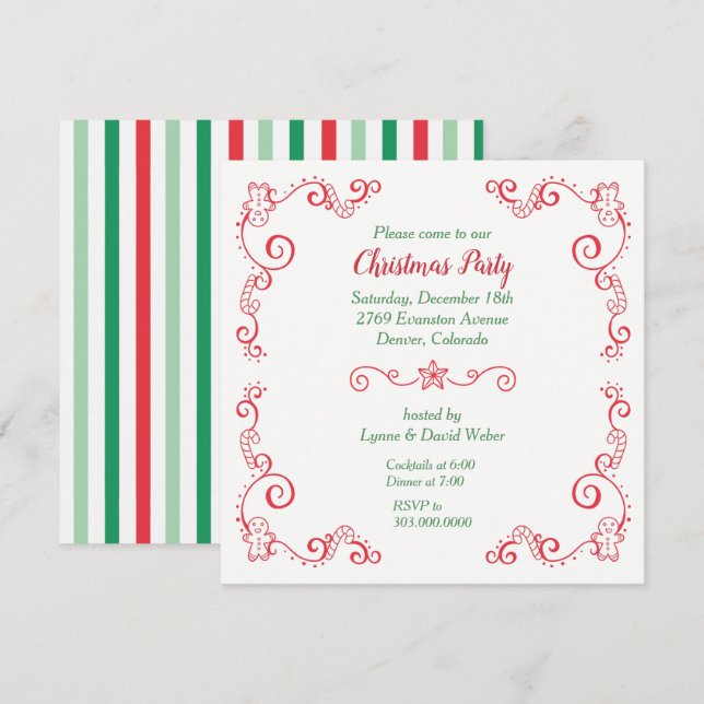 Retro Gingerbread Candy Cane Border Holiday Party Invitation (Front/Back)