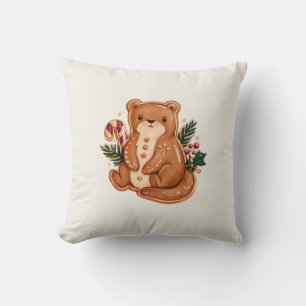 Retro Gingerbread Otter with Candy Cane and Holly Throw Pillow
