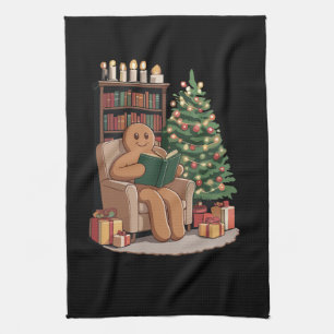Retro Gingerbread Reading Books Christmas Teacher Kitchen Towel