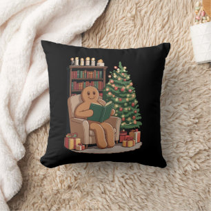 Retro Gingerbread Reading Books Christmas Teacher  Throw Pillow