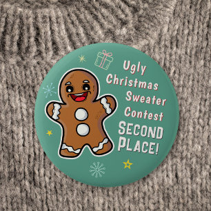 Retro Gingerbread Ugly Xmas Sweater Contest 2nd 2 Inch Round Button