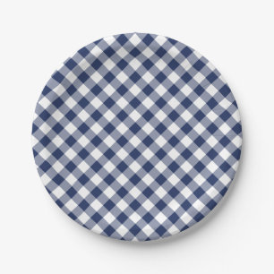 Retro Gingham Navy Blue Paper Plate