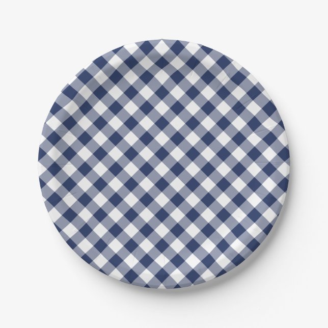 Retro Gingham Navy Blue Paper Plate (Front)