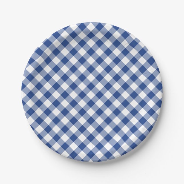 Retro Gingham True Blue Paper Plate (Front)