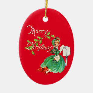 Retro Girl and Dog Old Fashioned Christmas  Ceramic Ornament