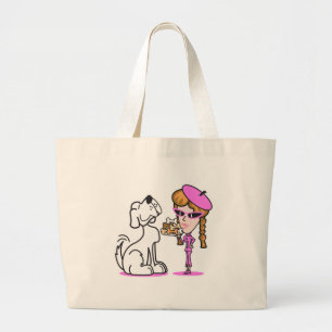 retro girl and pet dog large tote bag