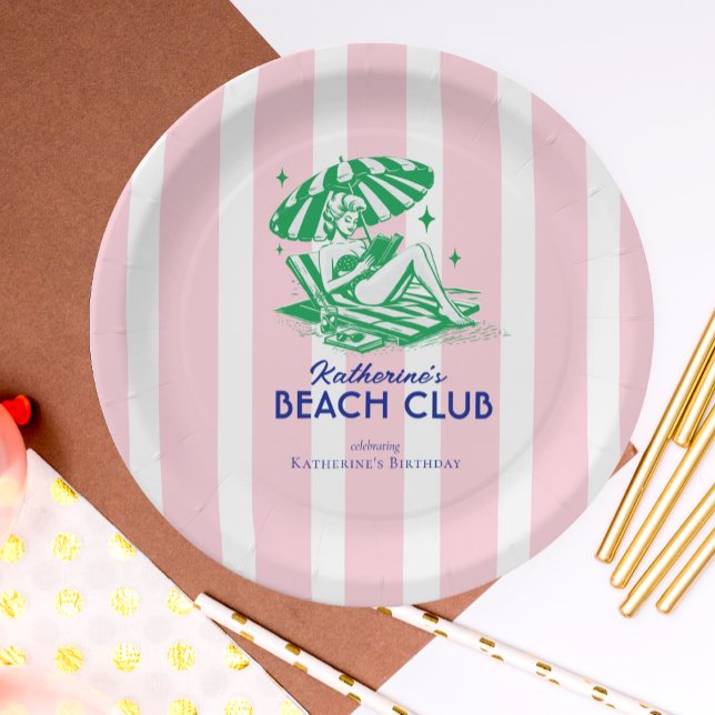 Retro Girl Beach Club Pink Stripes Birthday Party Paper Plate (Creator Uploaded)
