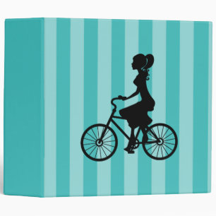 Retro Girl Cyclist Silhouette on Turquoise Stripes Binder
