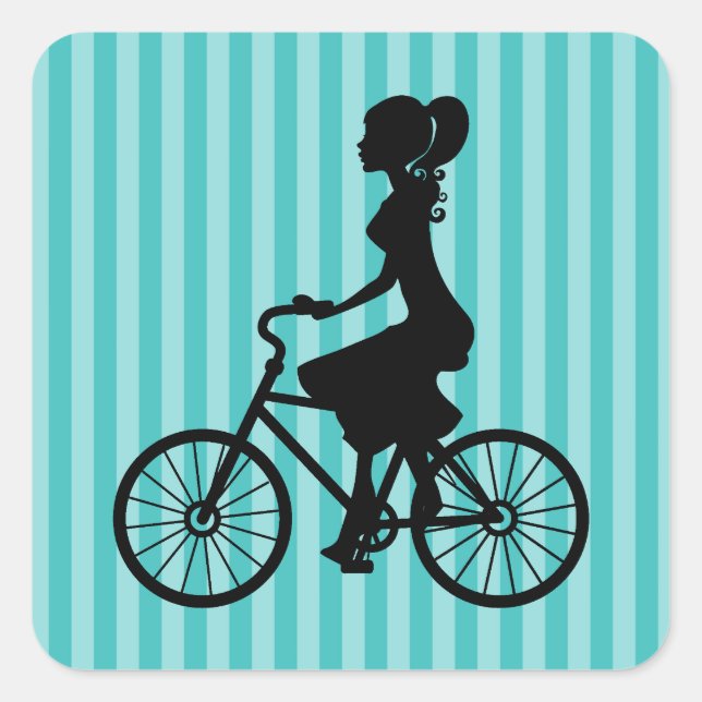 Retro Girl Cyclist Silhouette Square Sticker (Front)