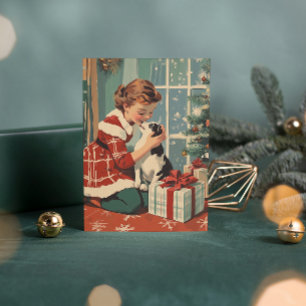 Retro Girl Dog CHristmas Tree Vintage Christmas Holiday Card