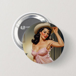 Retro Girl with Cowboy Hat 2 Inch Round Button