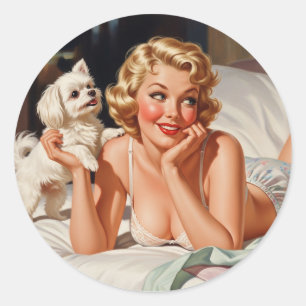 Retro Girl with Maltese Dog 50's Pin-up Art Classic Round Sticker