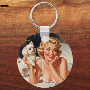 Retro Girl with Maltese Dog 50's Pin-up Art Keychain