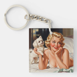 Retro Girl with Maltese Dog 50's Pin-up Art Keychain