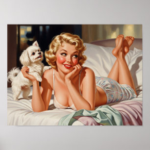 Retro Girl with Maltese Dog 50's Pin-up Art Poster