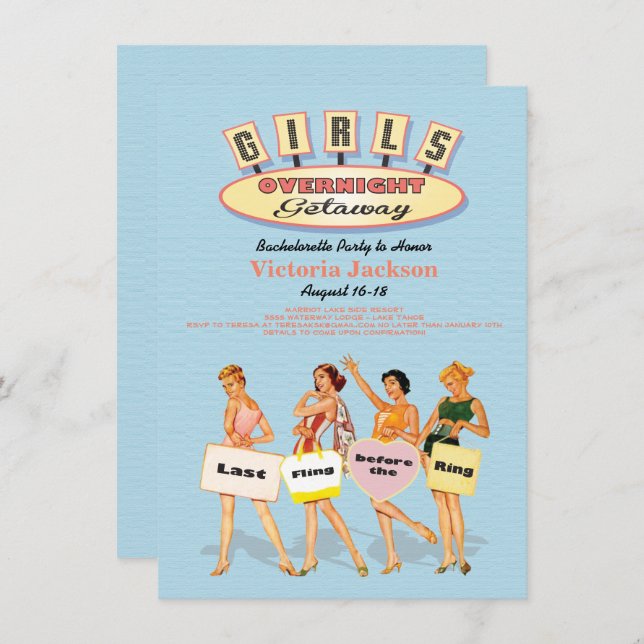 Retro Girls Overnight getaway Invitations (Front/Back)