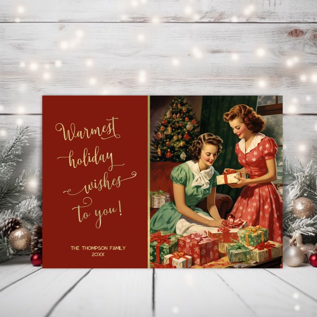 Retro girls preparing presents by a Christmas tree Holiday Card (Creator Uploaded)