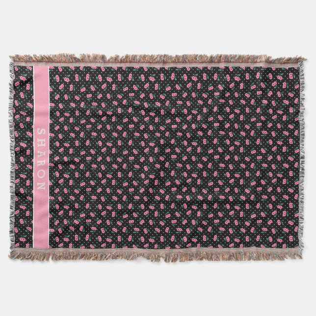 Retro girly black pink cherry patterns monogram throw blanket (Front)