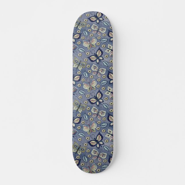 Retro Girly Blue Butterfly Pattern Skateboard  (Front)
