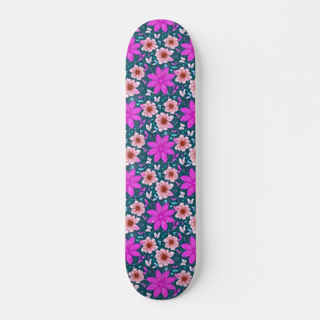 Retro Girly Pink Floral Pattern Skateboard  (Front)