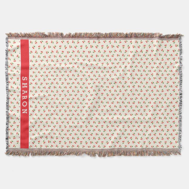 Retro girly red cherry patterns monogram throw blanket (Front)