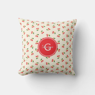Retro girly red cherry patterns monogram throw pillow