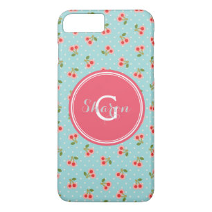 Retro girly turquoise cherry patterns monogram Case-Mate iPhone case