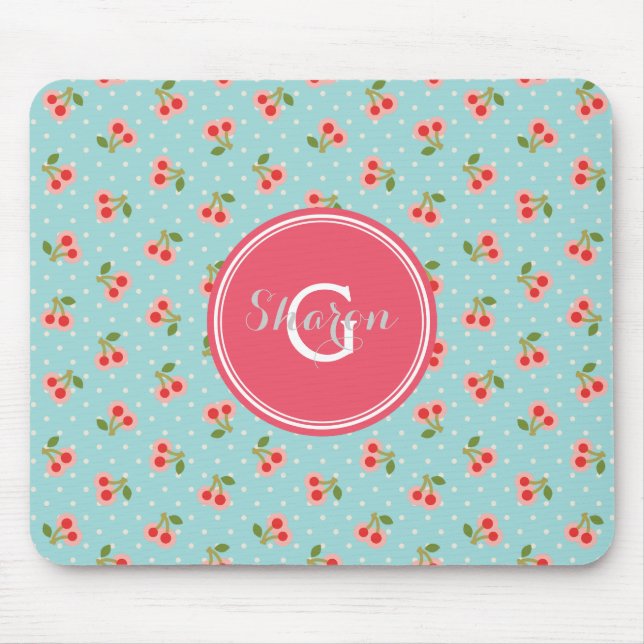 Retro girly turquoise cherry patterns monogram mouse pad (Front)