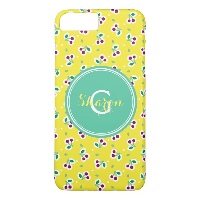 Retro girly yellow green cherry pattern monogram Case-Mate iPhone case (Back)
