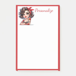Retro Glam Girl Rose Tattoo Red Border Personalize Post-it Notes
