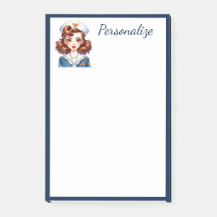 Retro Glam Navy Girl Blue Border Personalize Post-it Notes