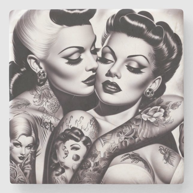 Retro Glam Tattoo Girls Stone Coaster (Front)