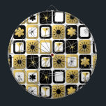 Retro Glamourous Gold Dart Board<br><div class="desc">What's black and white and gold all over? It's this Retro Glamourous Gold Dart Board. The mid century modern design features a grid of sophisticated images. There are mix and match patterns of mod flowers, starbursts, martini glasses, and impressionist stars on black, white, and gold backgrounds. This design is ideal,...</div>