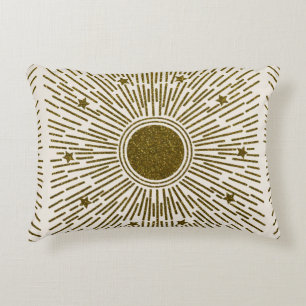 Retro glitter, golden sun with rays accent pillow