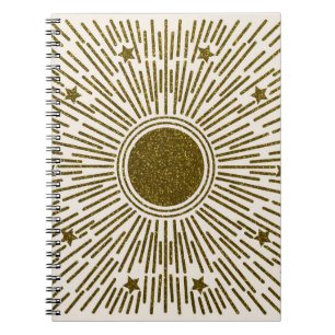 Retro glitter, golden sun with rays notebook