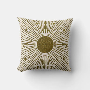 Retro glitter, golden sun with rays throw pillow