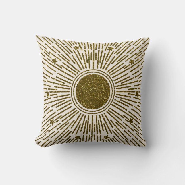 Retro glitter, golden sun with rays throw pillow (Front)